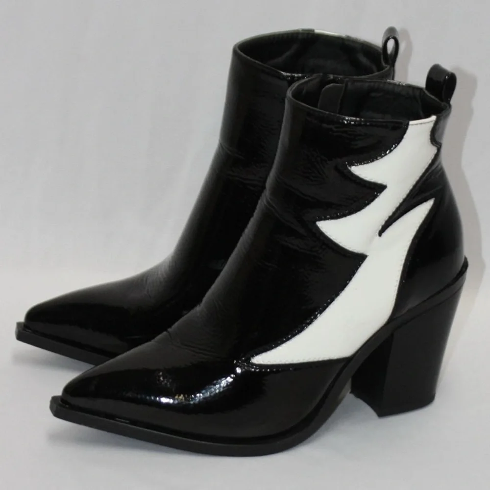 RARE Jeeini of Paris Black and‎ White Patent Leather Heel Ankles Boots 8.5